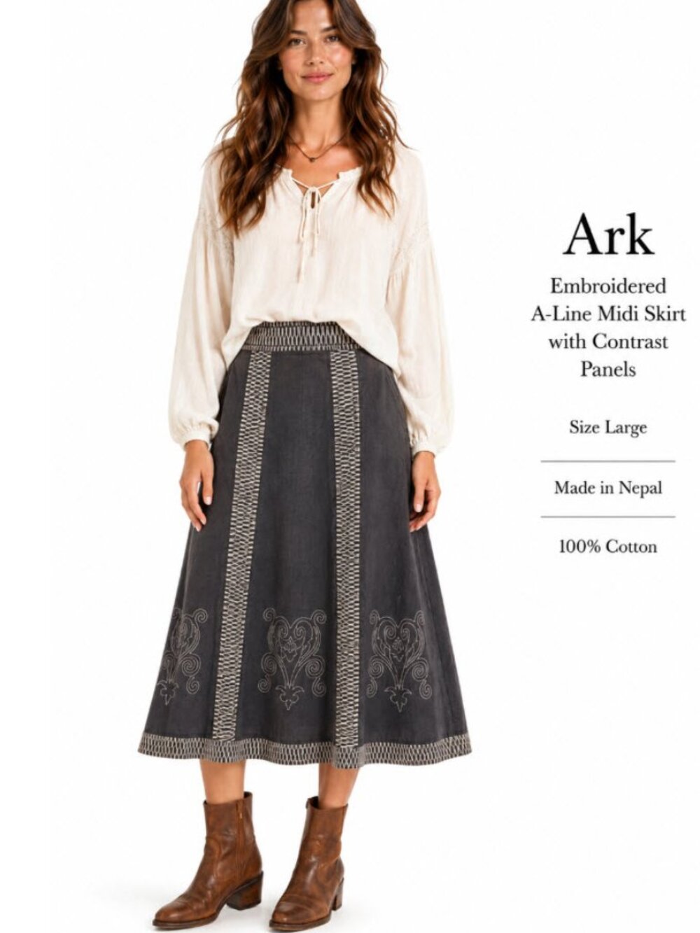 Ark Embroidered A-Line Midi Skirt NWOT Contrast Panel Cotton Grey Large